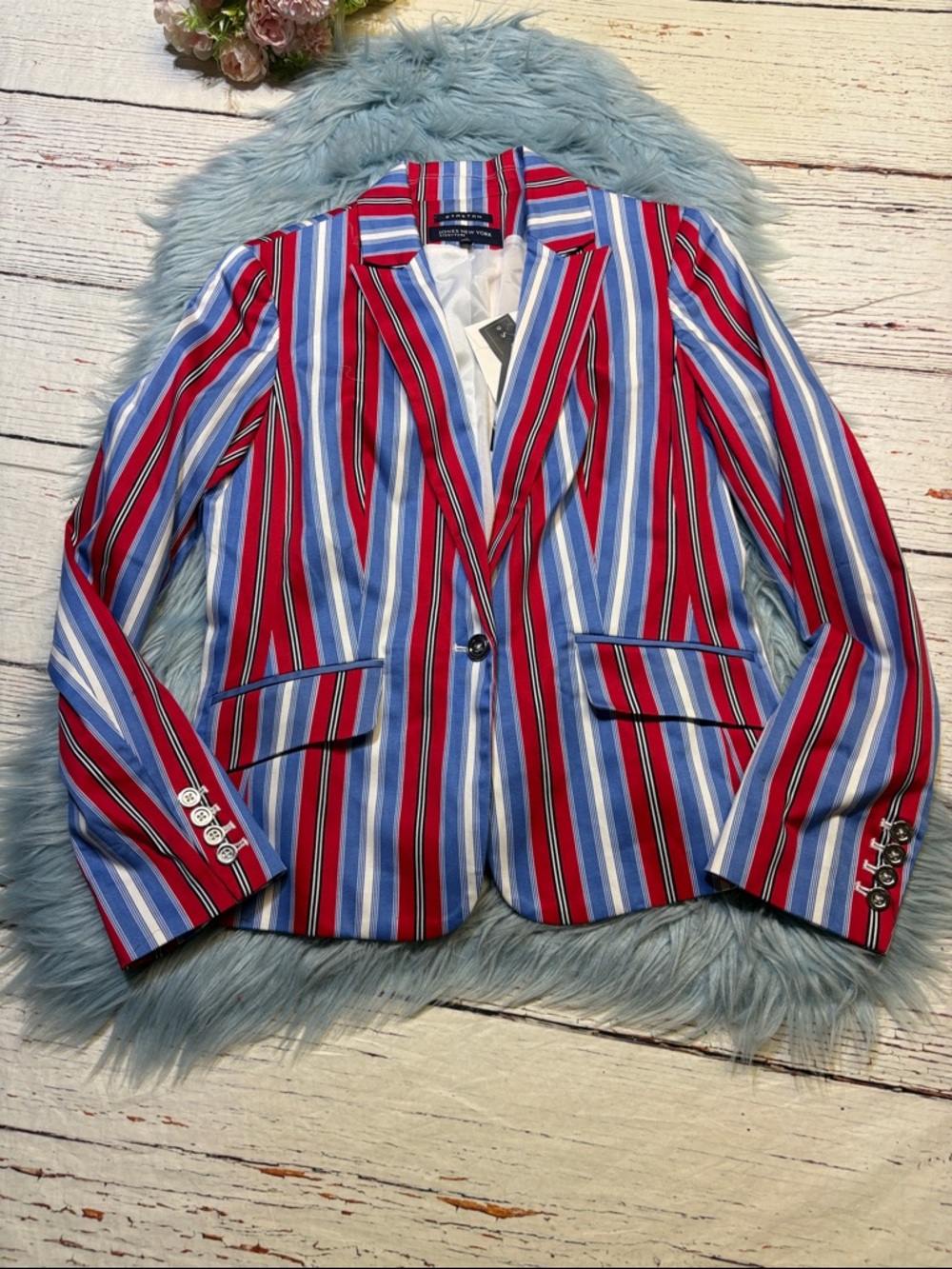 NWT Jones New York Red, Blue & White Striped Single-Button Blazer Jacket Sz 8